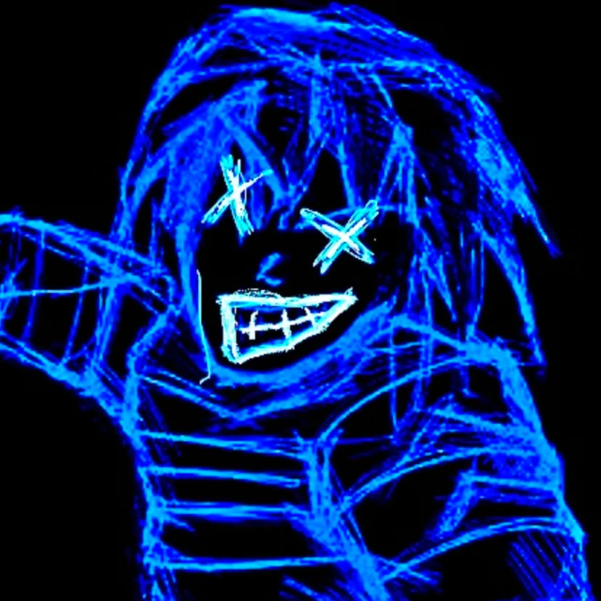 Pėrseus artwork: a grinning figure drawn in electric blue light